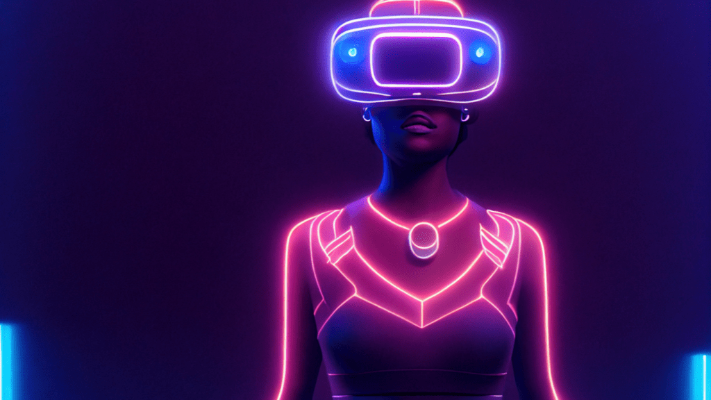 A person wearing a VR headset in a room with neon lights