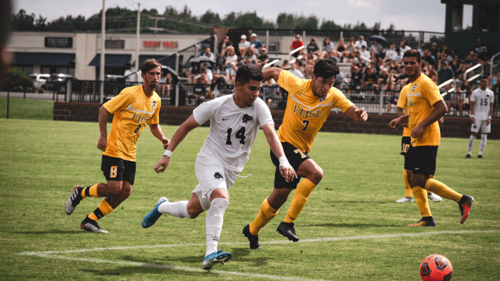 a group of people playing soccer on a field