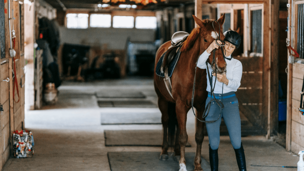 a person is standing next to a horse in a barn