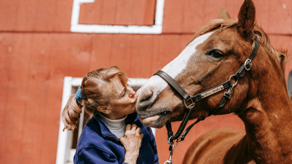 a person is standing next to a horse in a barn